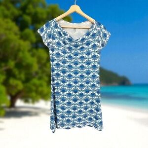 Title Nine Blue & White Printed Short Sleeve Dress - Size Large